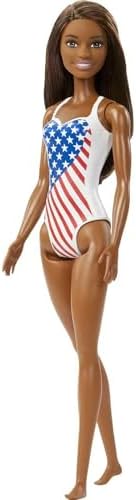 Barbie Doll with Beach Theme in American Flag Stars and Stripes Swimsuit Brunette