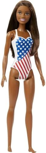 Barbie Doll with Beach Theme in American Flag Stars and Stripes Swimsuit Brunette