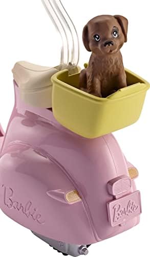 Barbie Toy Scooter with Puppy Helmet Accessory Pink Yellow Moped with Basket Kickstand Seat Clip for Doll