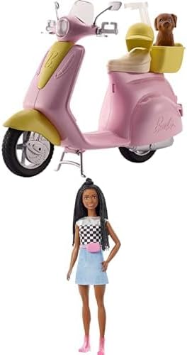 Barbie Toy Scooter with Puppy Helmet Accessory Pink Yellow Moped with Basket Kickstand Seat Clip for Doll