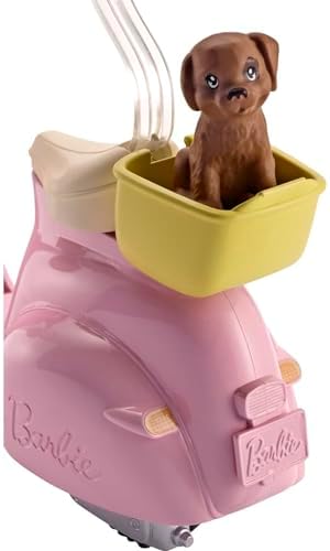 Barbie Toy Scooter with Puppy Helmet Accessory Pink Yellow Moped with Basket Kickstand Seat Clip for Doll