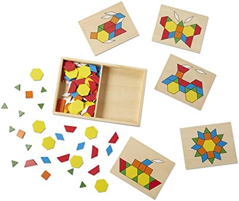 Melissa & Doug Melissa Doug Pattern Blocks and Boards - Wooden Classic Toy With 120 Solid Wood Shapes and 5 Double-Sided Panels Multi-colored - STEAM Animals Tangrams Puzzle