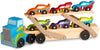 Melissa & Doug Melissa Doug Mega Race-Car Carrier - Wooden Tractor and Trailer With 6