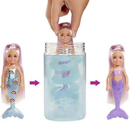 Barbie Color Reveal Rainbow Mermaid Series Chelsea Doll with 6 Surprises Color Change and