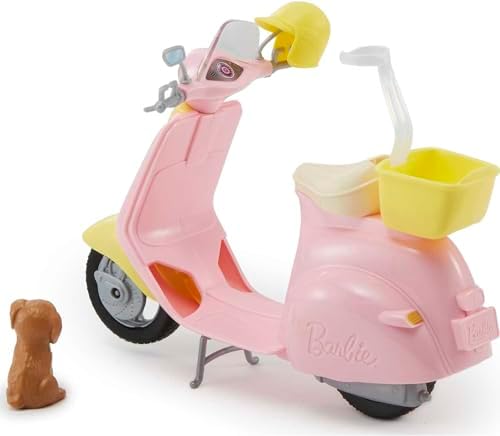 Barbie Toy Scooter with Puppy Helmet Accessory Pink Yellow Moped with Basket Kickstand Seat Clip for Doll