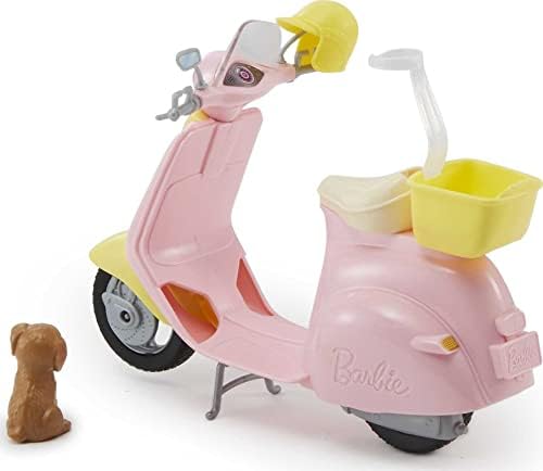 Barbie Toy Scooter with Puppy Helmet Accessory Pink Yellow Moped with Basket Kickstand Seat Clip for Doll