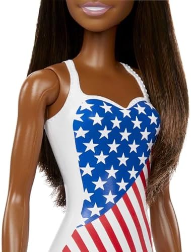 Barbie Doll with Beach Theme in American Flag Stars and Stripes Swimsuit Brunette