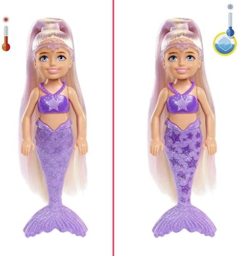 Barbie Color Reveal Rainbow Mermaid Series Chelsea Doll with 6 Surprises Color Change and