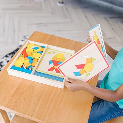 Melissa & Doug Melissa Doug Pattern Blocks and Boards - Wooden Classic Toy With 120 Solid Wood Shapes and 5 Double-Sided Panels Multi-colored - STEAM Animals Tangrams Puzzle