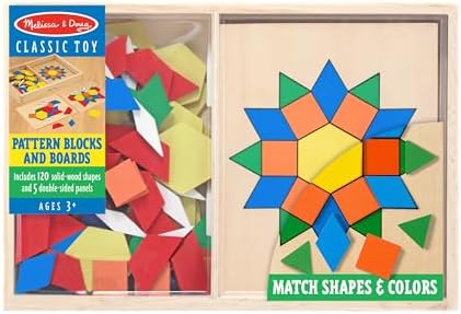 Melissa & Doug Melissa Doug Pattern Blocks and Boards - Wooden Classic Toy With 120 Solid Wood Shapes and 5 Double-Sided Panels Multi-colored - STEAM Animals Tangrams Puzzle