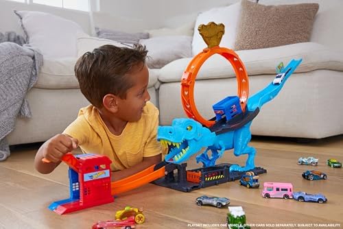 Hot Wheels City Toy Car Track Set T-Rex Chomp Down with 164 Scale Vehicle