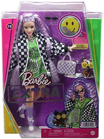 Barbie Extra Doll with Crimped Lavendar Hair Brown Eyes 15 Toy Pieces Include Pet Puppy