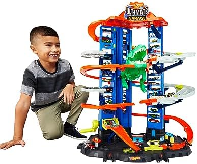 Hot Wheels City Toy Car Track Set Ultimate Garage with T-Rex Dinosaur Store 100 164 Scale Vehicle