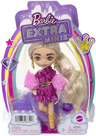 Barbie Extra Minis Doll with Blonde Hair Wearing Shimmery Dress Furry Shrug 5.5-inch