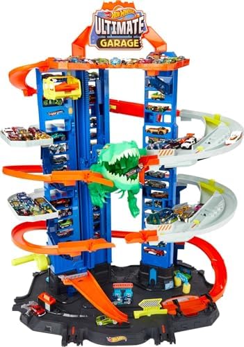 Hot Wheels City Toy Car Track Set Ultimate Garage with T-Rex Dinosaur Store 100 164 Scale Vehicle