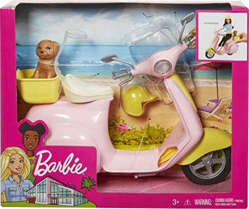 Barbie Toy Scooter with Puppy Helmet Accessory Pink Yellow Moped with Basket Kickstand Seat Clip for Doll