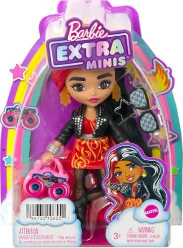 Barbie Extra Minis Doll with Red Black Hair Wearing Flame-Print Dress Moto Jacket 5.5-inch