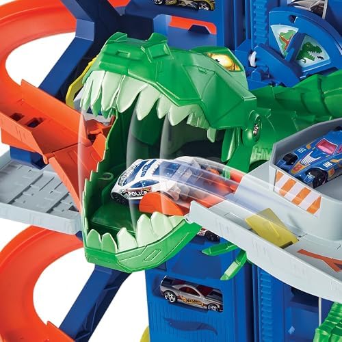 Hot Wheels City Toy Car Track Set Ultimate Garage with T-Rex Dinosaur Store 100 164 Scale Vehicle