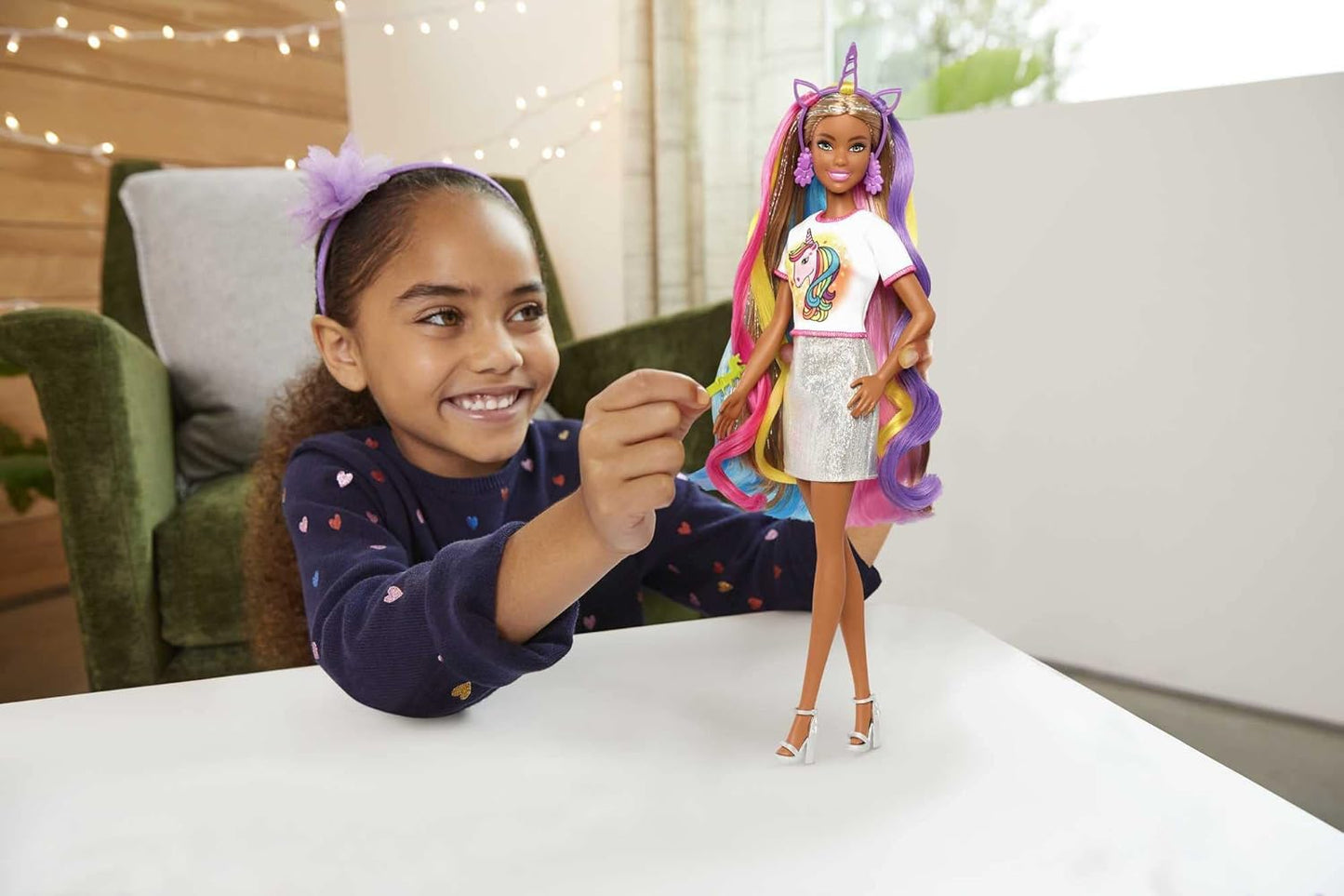 Barbie Fantasy Hair Doll A" Long Colorful Brunette Hair with Mermaid & Unicorn Outfit