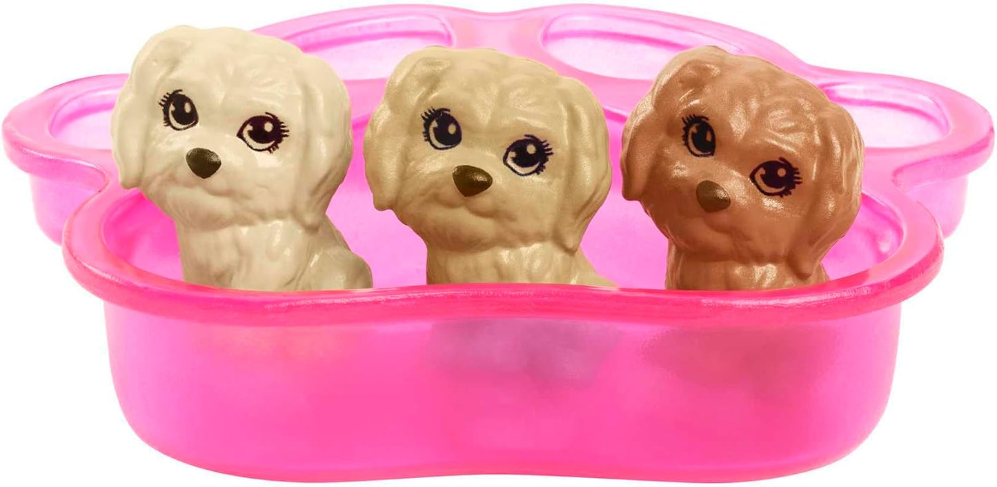 Barbie Doll Pets Set Blonde with Mommy Dog 3 Newborn Puppies with Color-Change Feature Pet