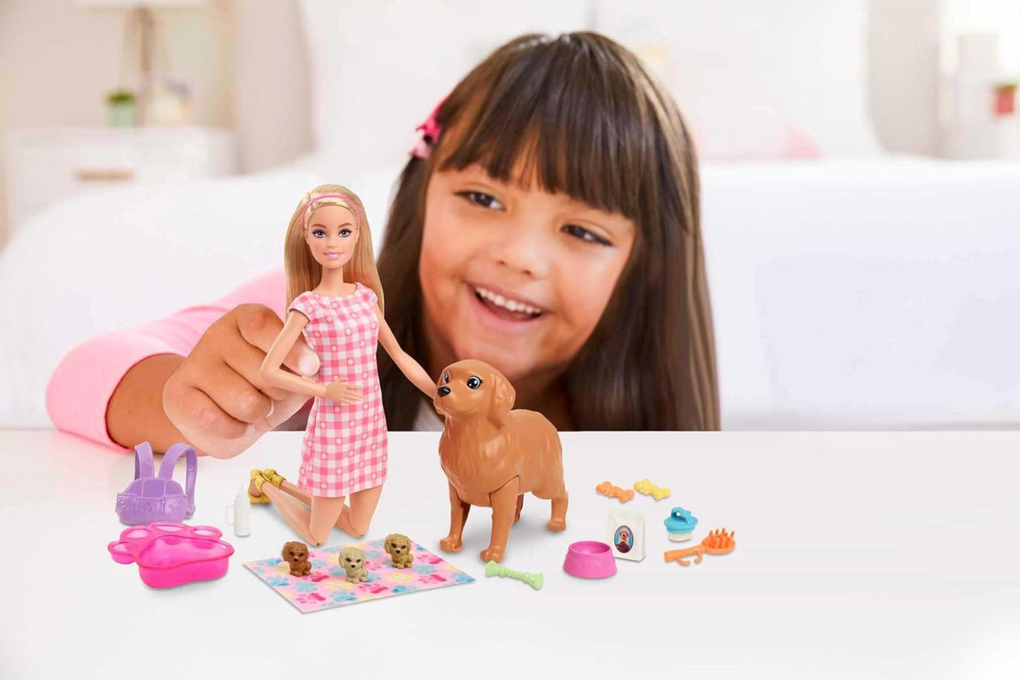 Barbie Doll Pets Set Blonde with Mommy Dog 3 Newborn Puppies with Color-Change Feature Pet