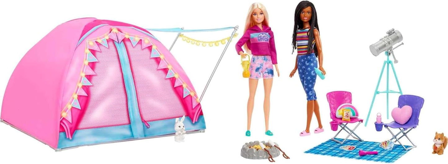 Barbie Dolls & 20 Accessories It Takes Two Camping Tent Playset with Brooklyn & Malibu Dolls & 2 Moving Animals – 20