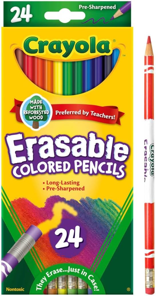 Crayola Erasable Colored Pencils (24ct) A" Vibrant Colors Easy to Erase – 24