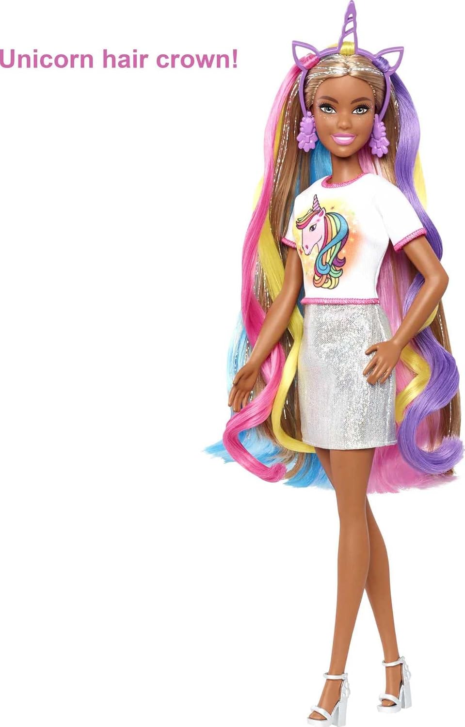 Barbie Fantasy Hair Doll A" Long Colorful Brunette Hair with Mermaid & Unicorn Outfit