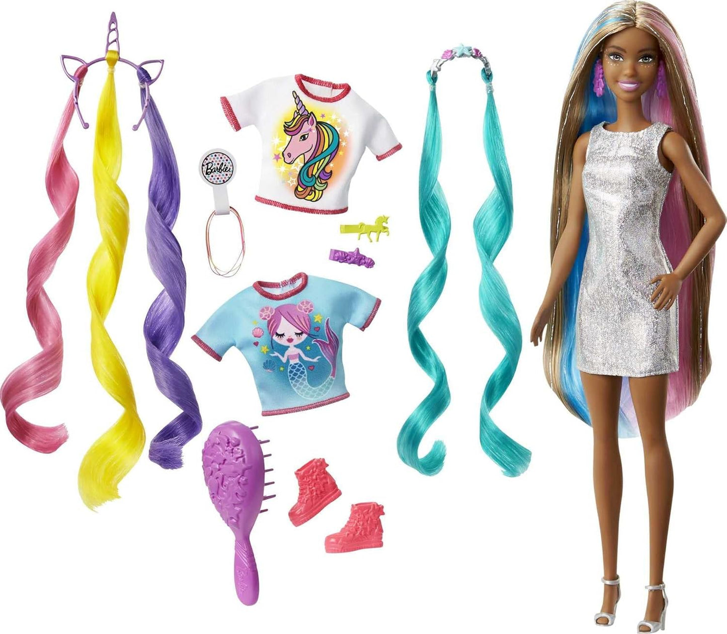 Barbie Fantasy Hair Doll A" Long Colorful Brunette Hair with Mermaid & Unicorn Outfit