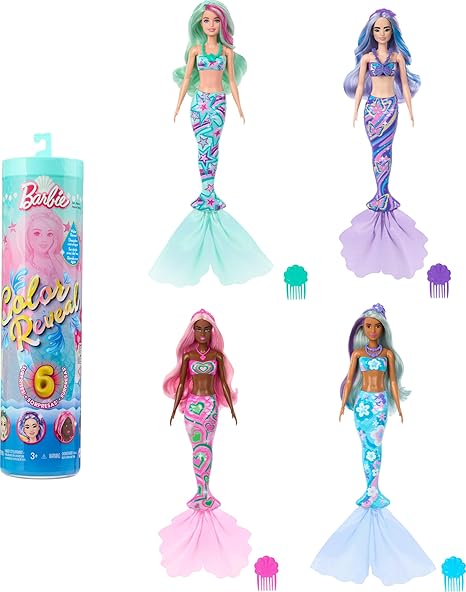 Barbie Color Reveal Doll with 6 Unboxing Surprises Mermaid Series with Color-Change Bodice