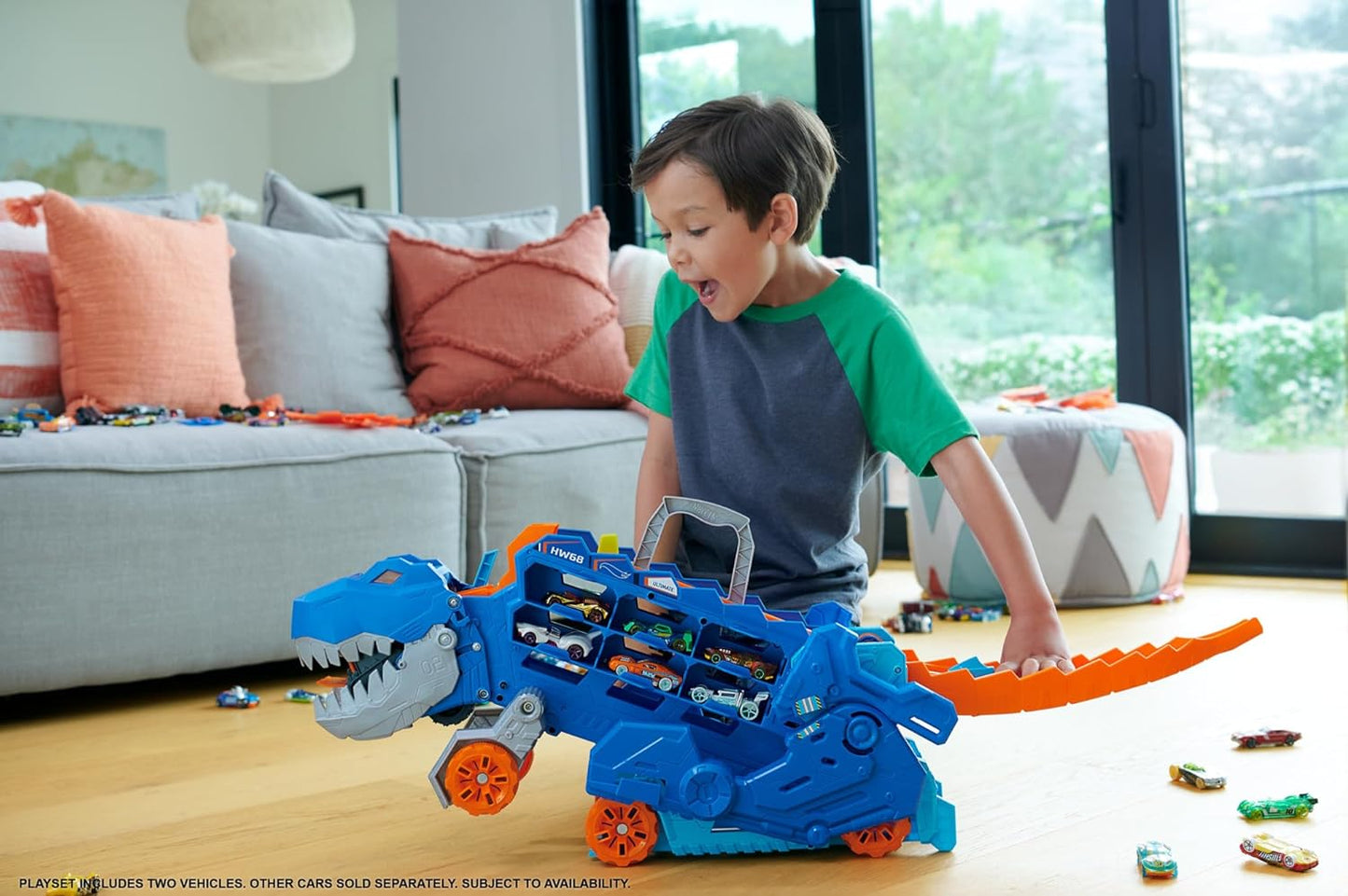 Hot Wheels City Toy Car Track Set Ultimate T-Rex Transporter Dinosaur Hauler for 20 Vehicle