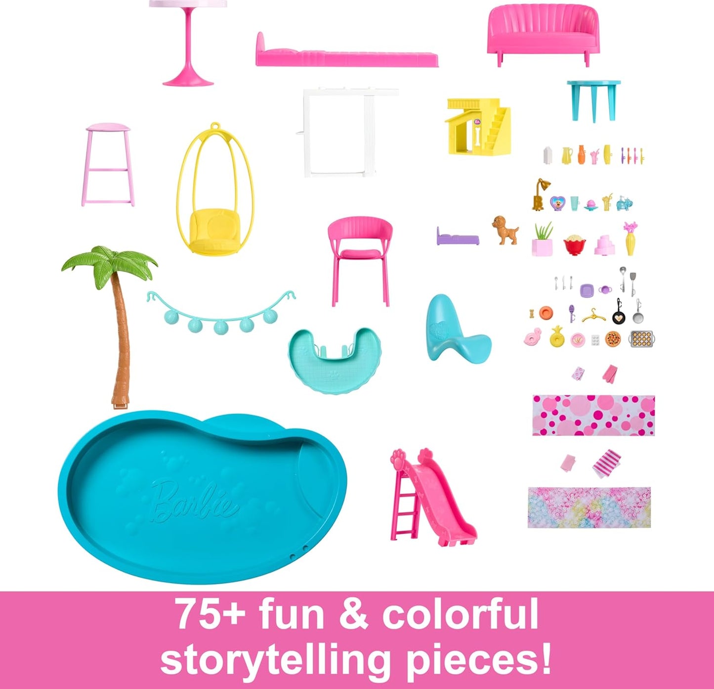 Barbie DreamHouse Playset A" 75+ Pieces 3-Story Dollhouse with Pool Slide Pet Elevator & Puppy Play Areas – 75