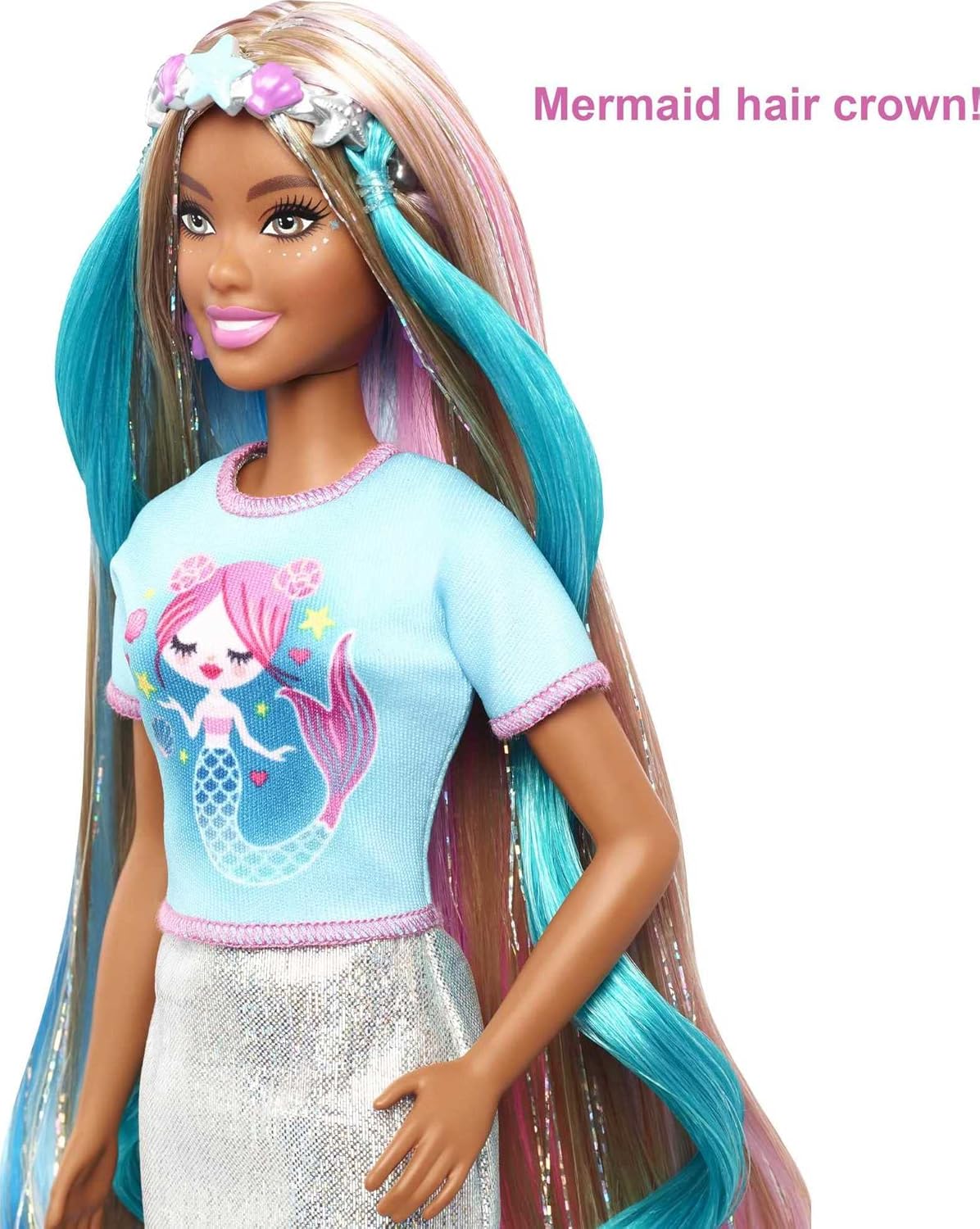 Barbie Fantasy Hair Doll A" Long Colorful Brunette Hair with Mermaid & Unicorn Outfit