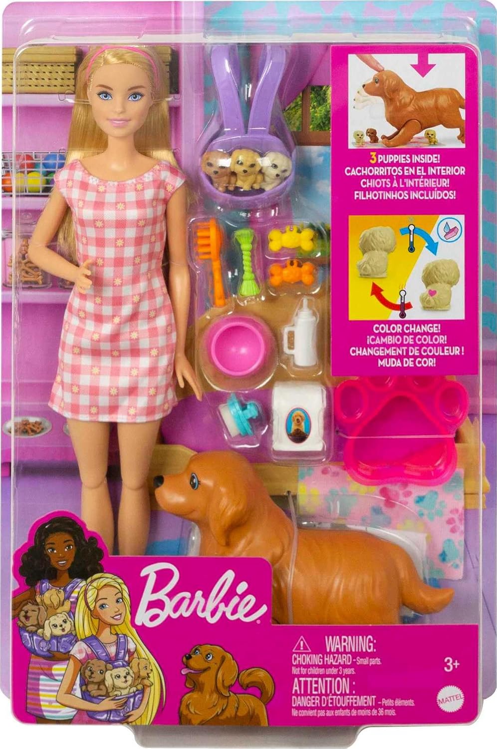 Barbie Doll Pets Set Blonde with Mommy Dog 3 Newborn Puppies with Color-Change Feature Pet