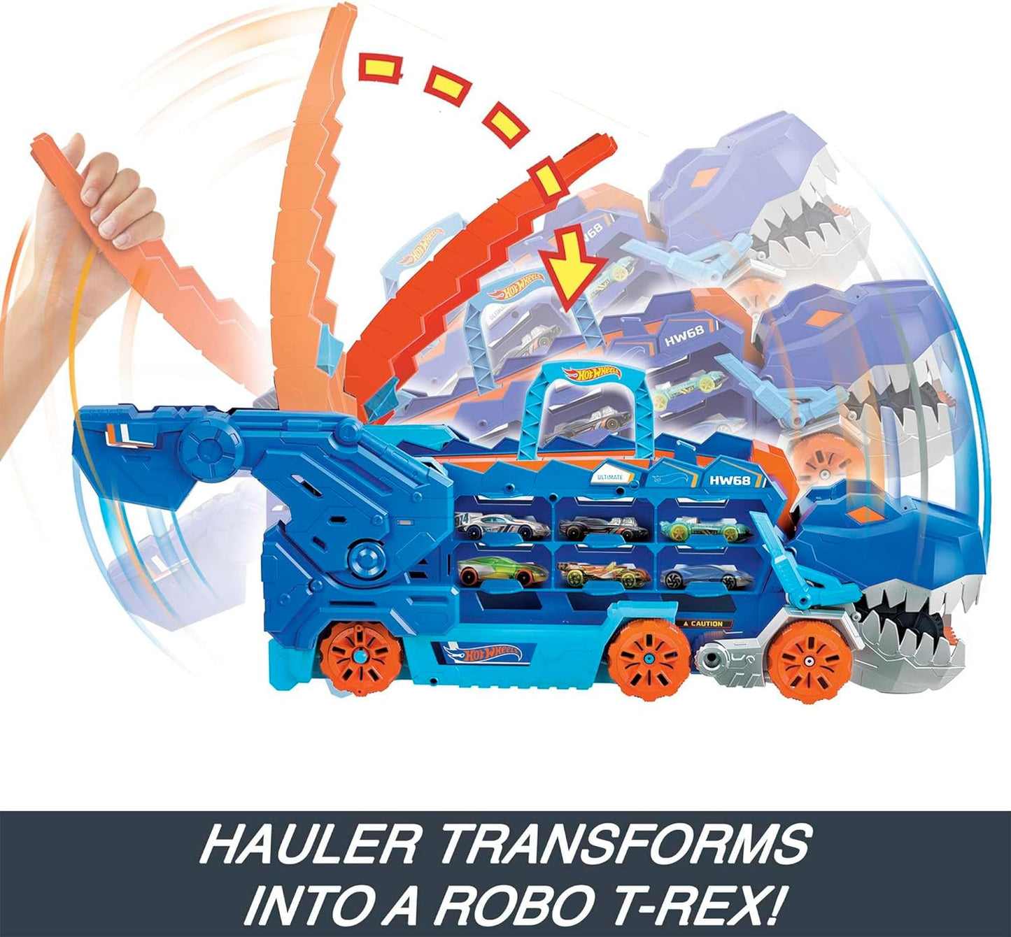 Hot Wheels City Toy Car Track Set Ultimate T-Rex Transporter Dinosaur Hauler for 20 Vehicle