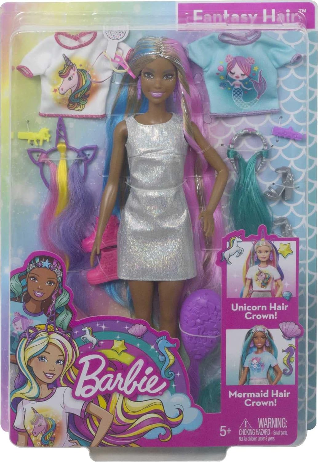 Barbie Fantasy Hair Doll A" Long Colorful Brunette Hair with Mermaid & Unicorn Outfit