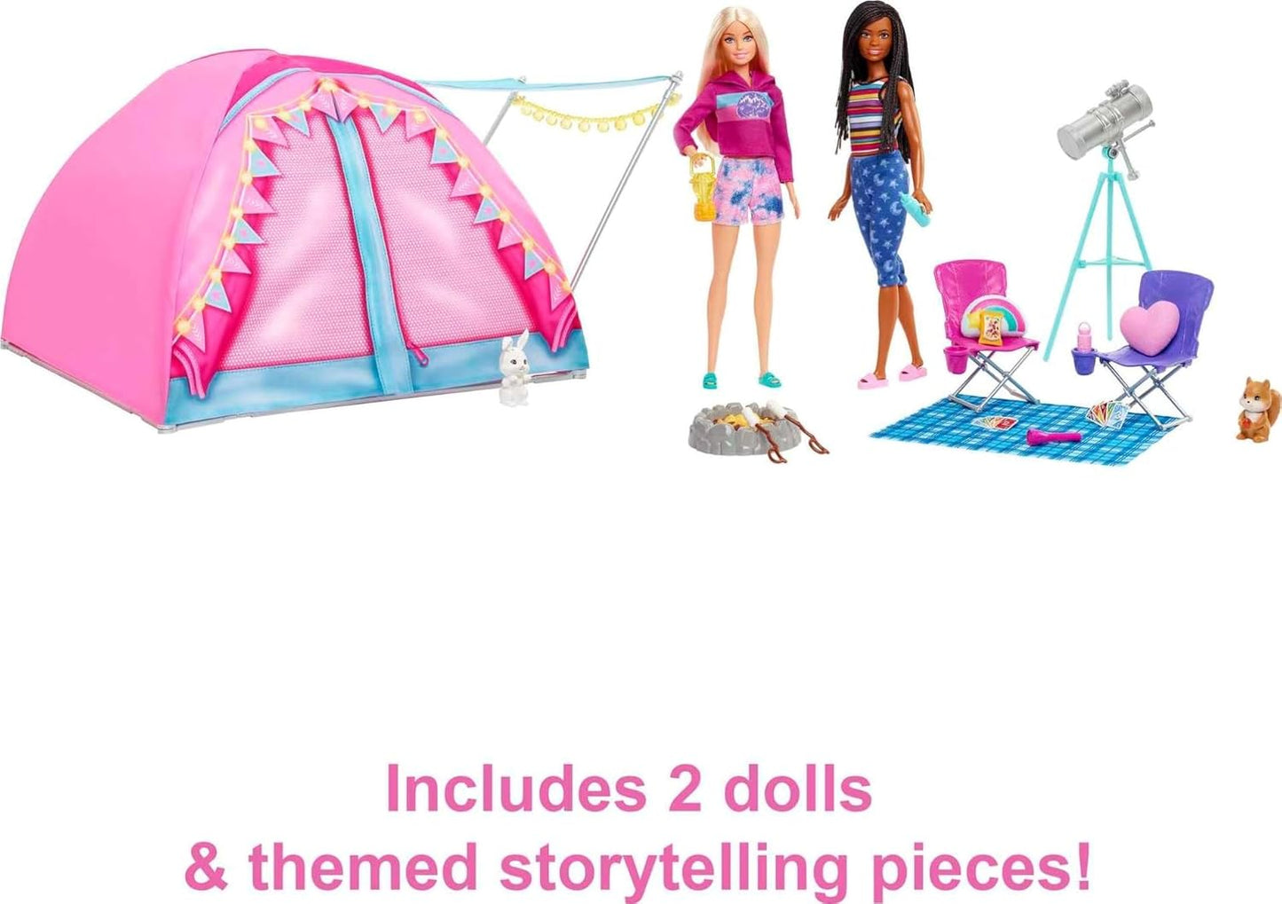 Barbie Dolls & 20 Accessories It Takes Two Camping Tent Playset with Brooklyn & Malibu Dolls & 2 Moving Animals – 20