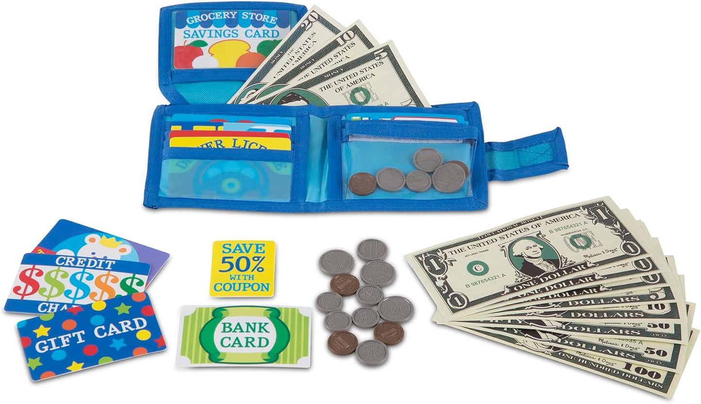 Melissa & Doug Pretend-to-Spend Wallet A" 45-Piece Play Money Set (Blue) – 45