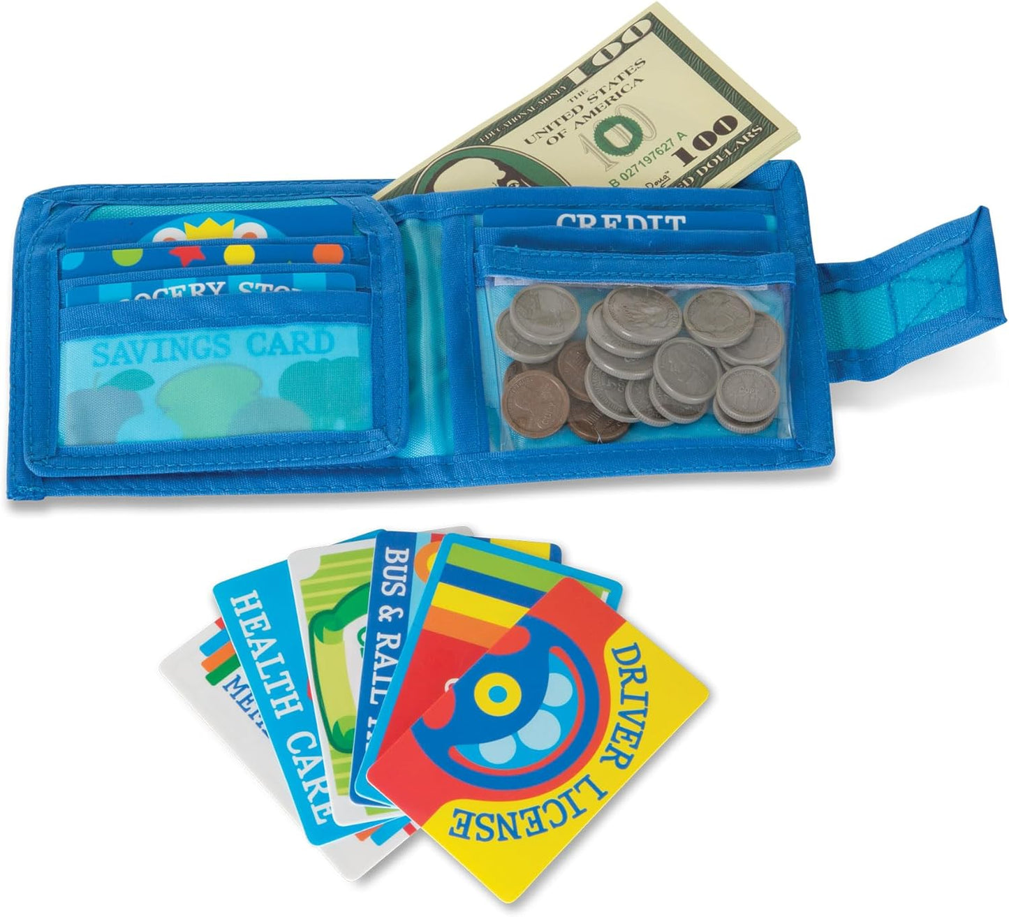 Melissa & Doug Pretend-to-Spend Wallet A" 45-Piece Play Money Set (Blue) – 45