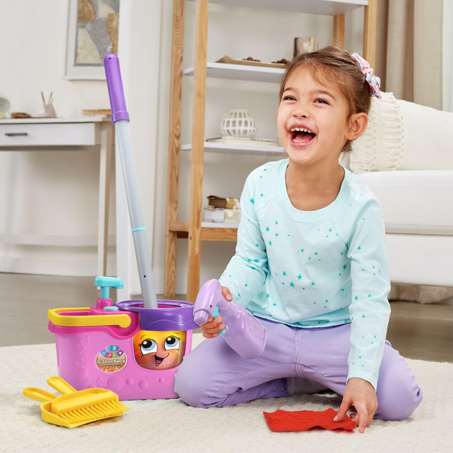 LeapFrog Clean Sweep Learning Caddy Mop and Broom Cleaning Toy Set for Ages 3-5 Pink