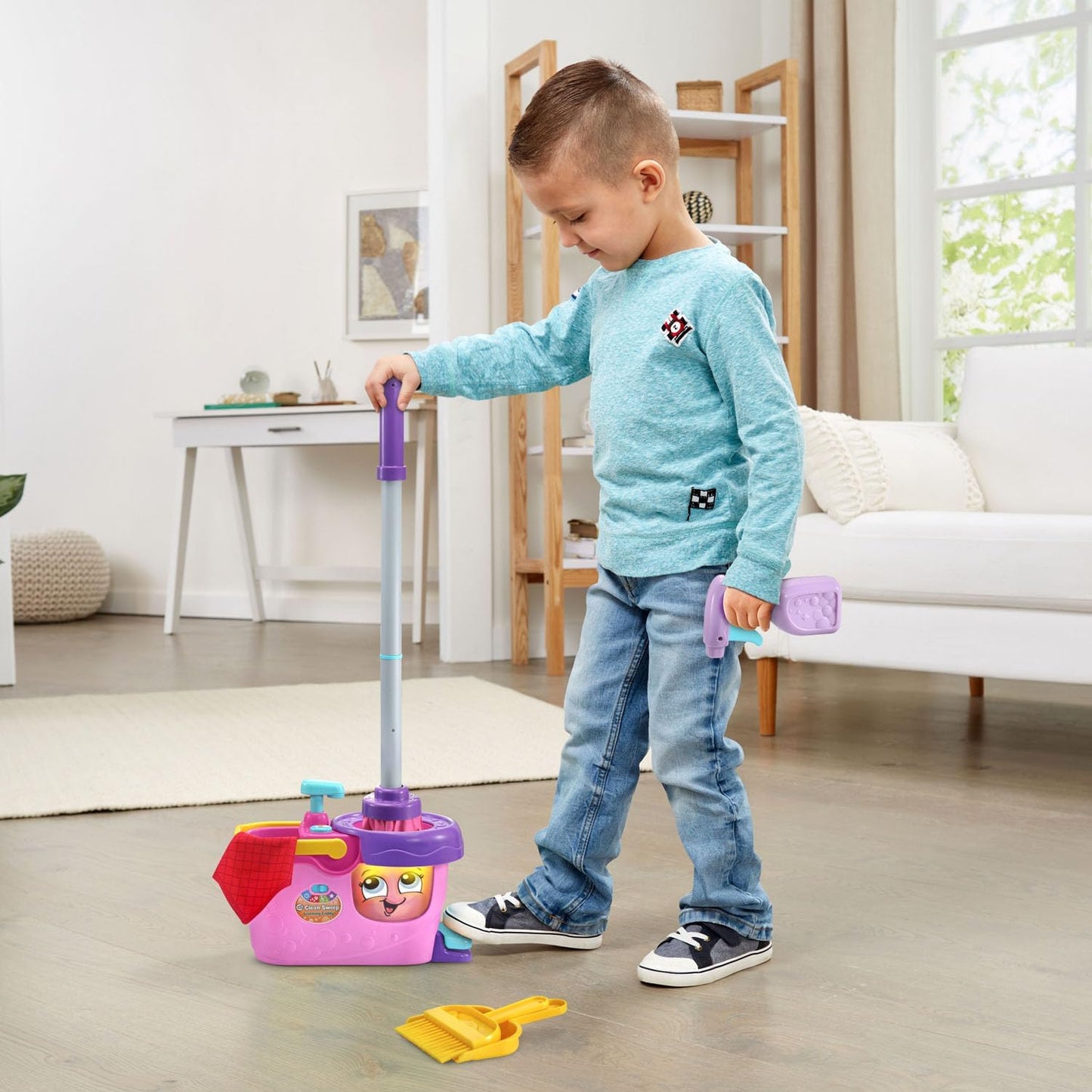 LeapFrog Clean Sweep Learning Caddy Mop and Broom Cleaning Toy Set for Ages 3-5 Pink