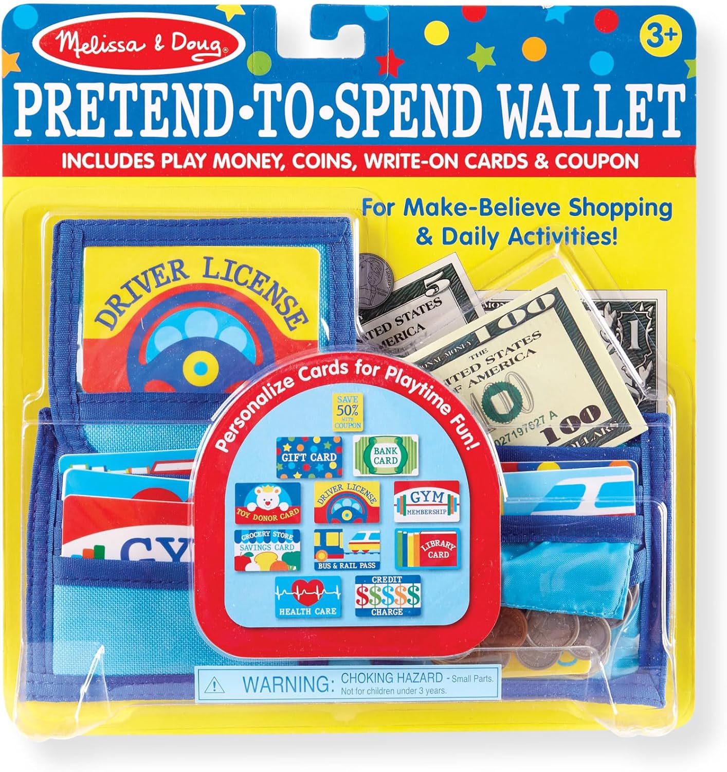 Melissa & Doug Pretend-to-Spend Wallet A" 45-Piece Play Money Set (Blue) – 45