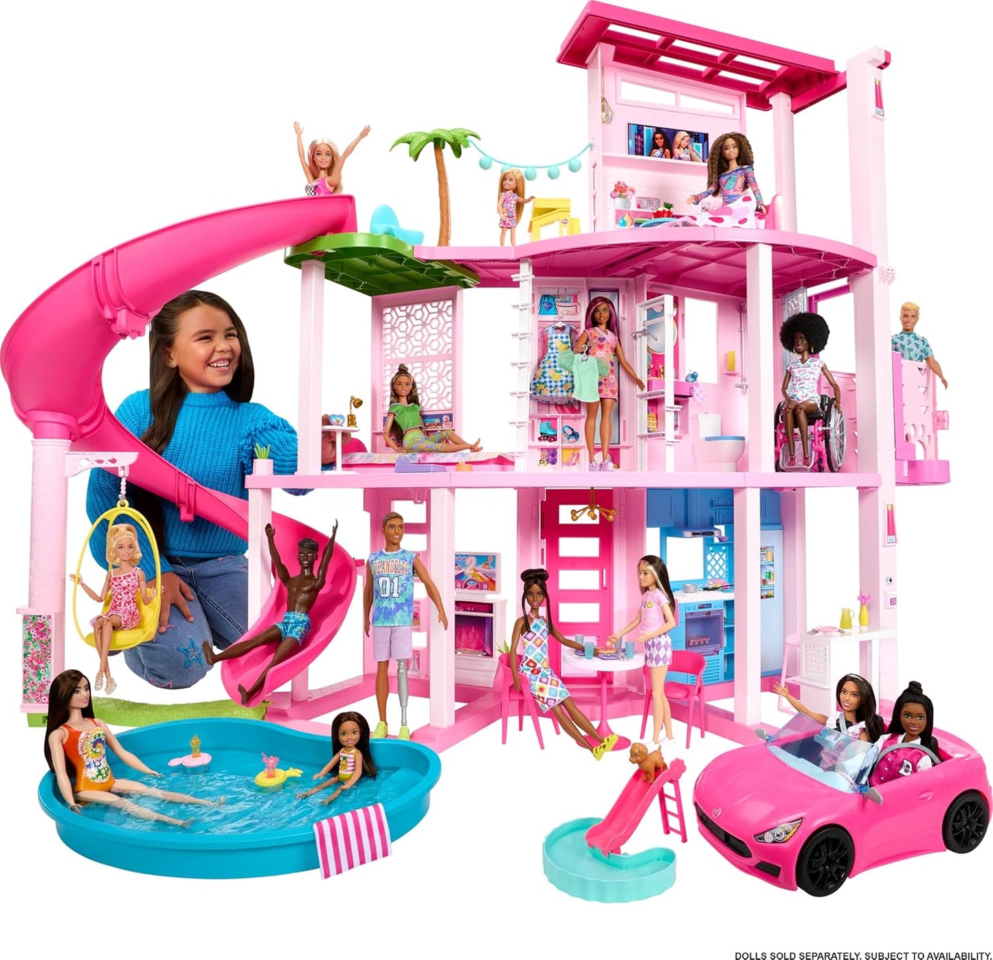 Barbie DreamHouse Playset A" 75+ Pieces 3-Story Dollhouse with Pool Slide Pet Elevator & Puppy Play Areas – 75