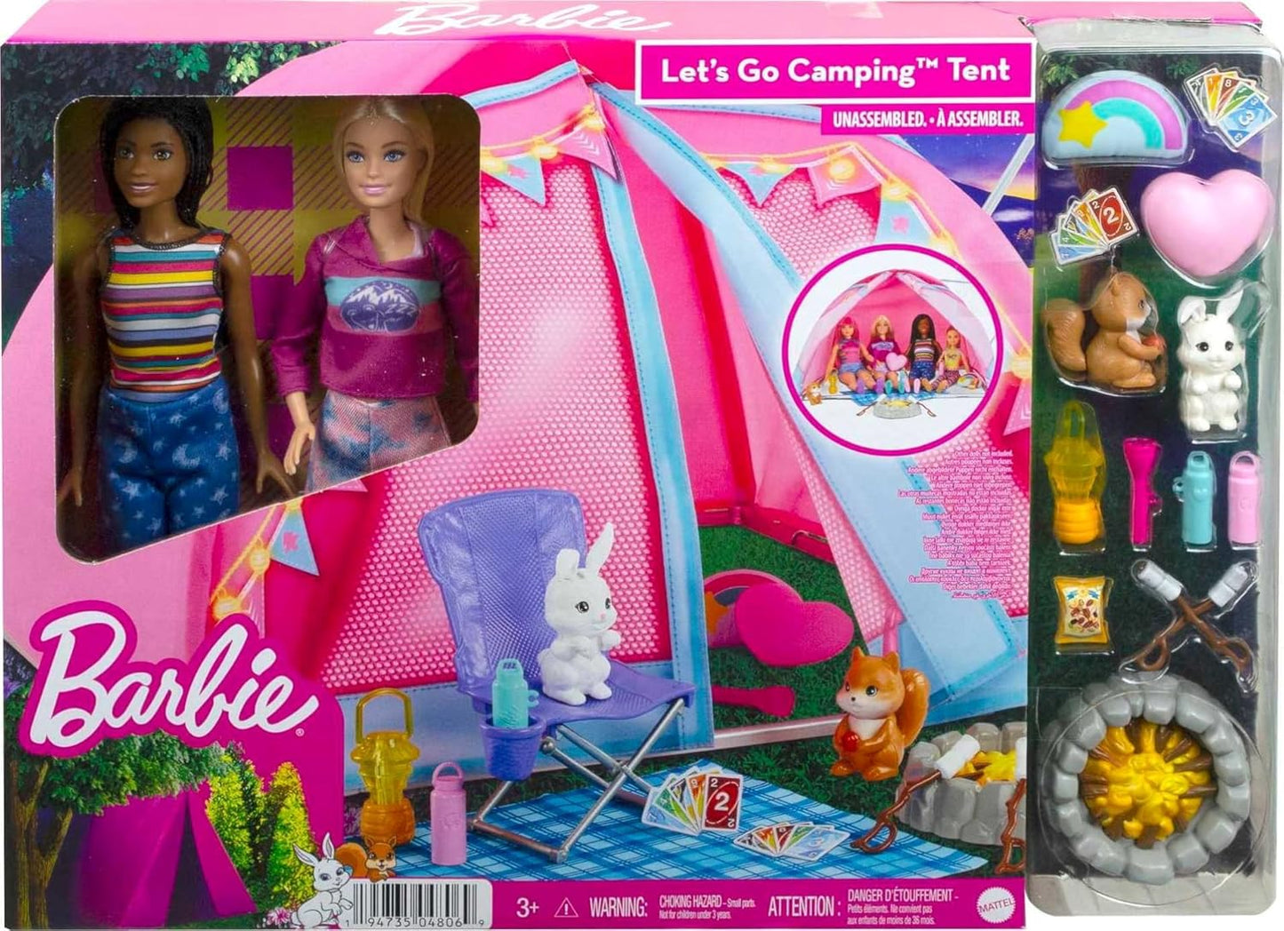 Barbie Dolls & 20 Accessories It Takes Two Camping Tent Playset with Brooklyn & Malibu Dolls & 2 Moving Animals – 20