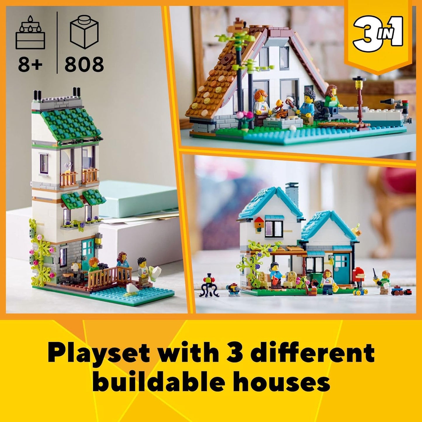 LEGO Creator 3 in 1 Cozy House Building Kit Rebuild into 3 Different Houses Includes