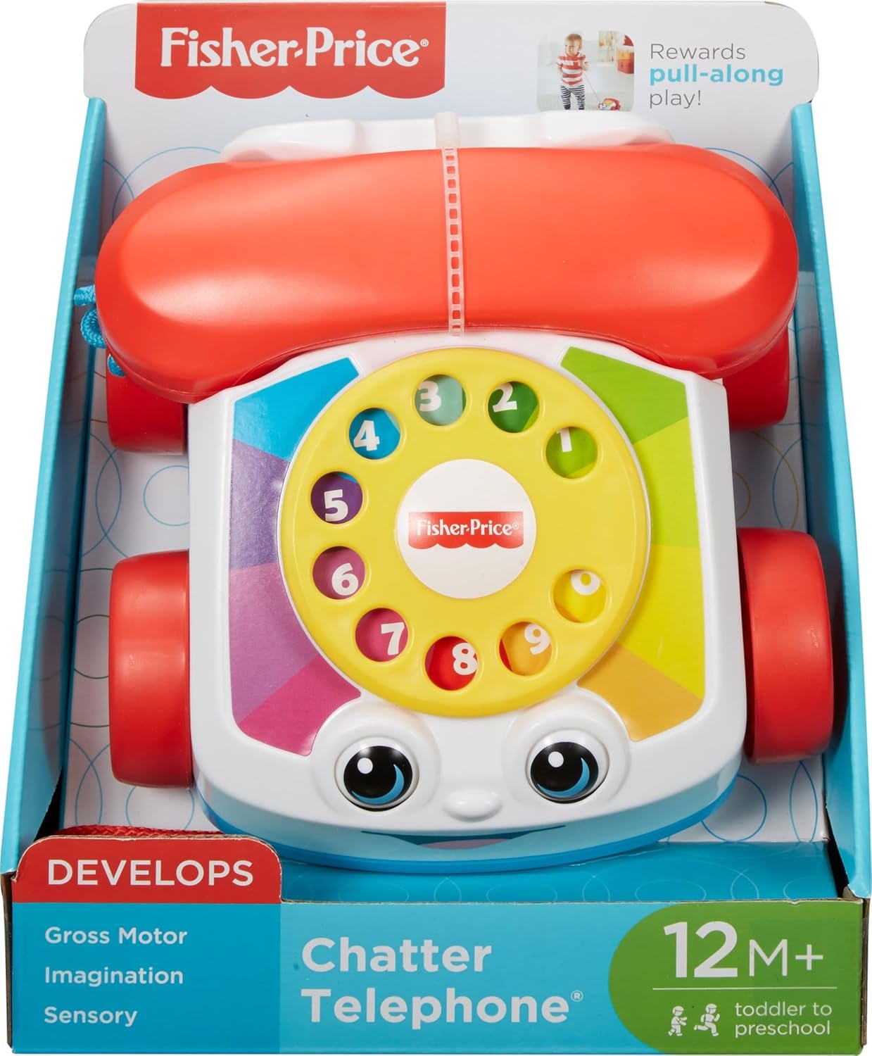 Fisher-Price Toddler Pull Toy Chatter Telephone Pretend Phone with Rotary Dial and Wheels