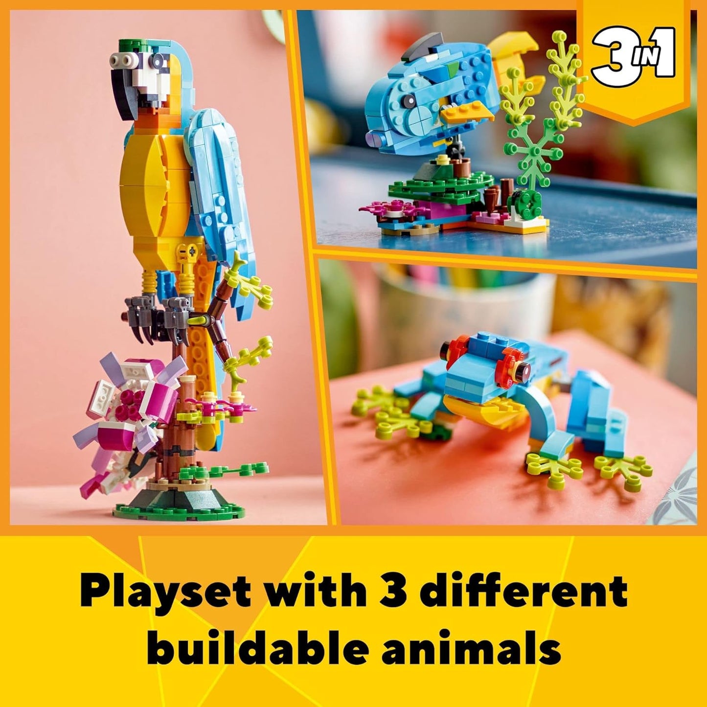 LEGO Creator 3-in-1 Exotic Parrot Set 31136 A" Build Parrot Fish or Frog Creative Toy for Kids 7+ – 3