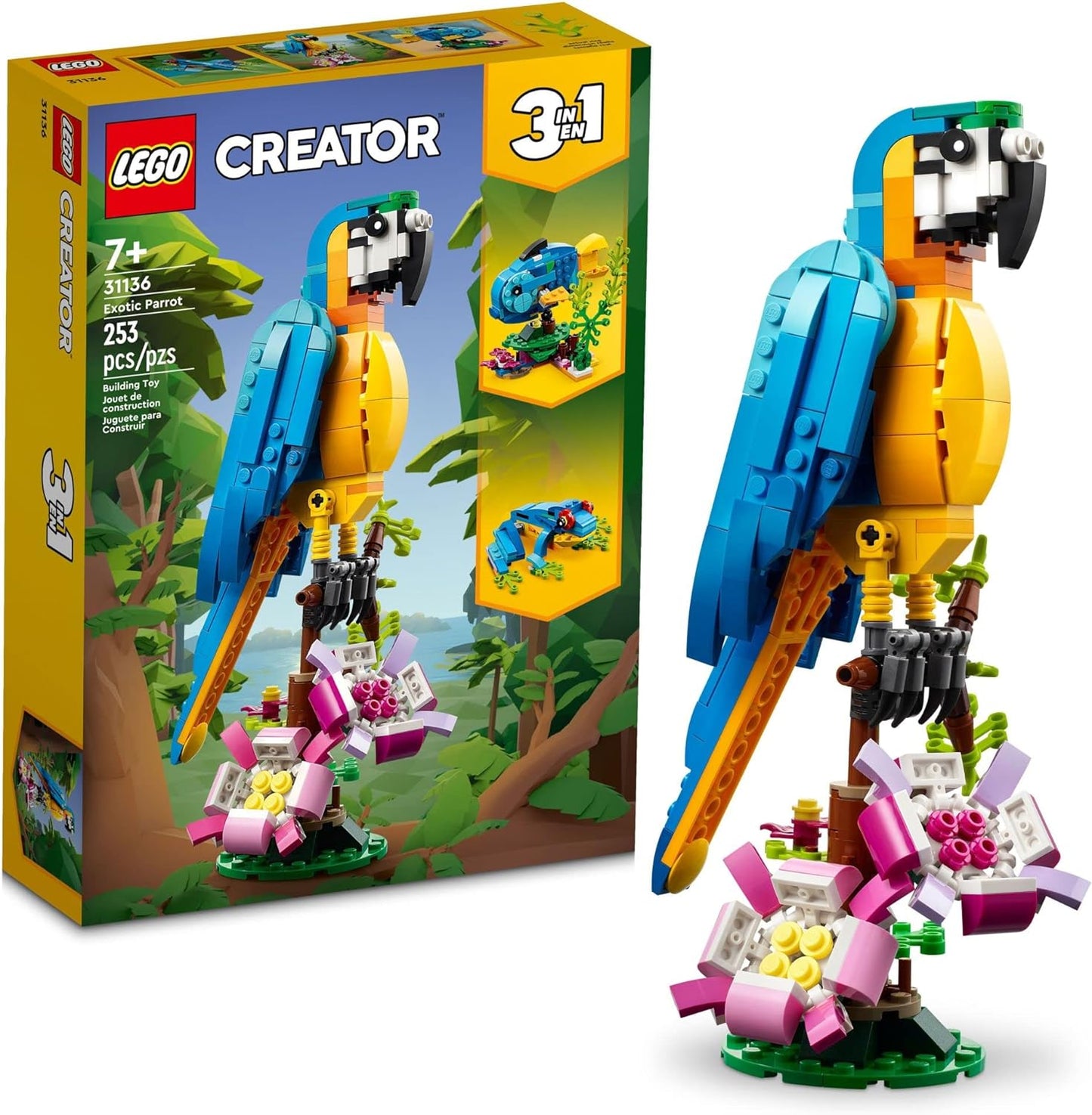 LEGO Creator 3-in-1 Exotic Parrot Set 31136 A" Build Parrot Fish or Frog Creative Toy for Kids 7+ – 3
