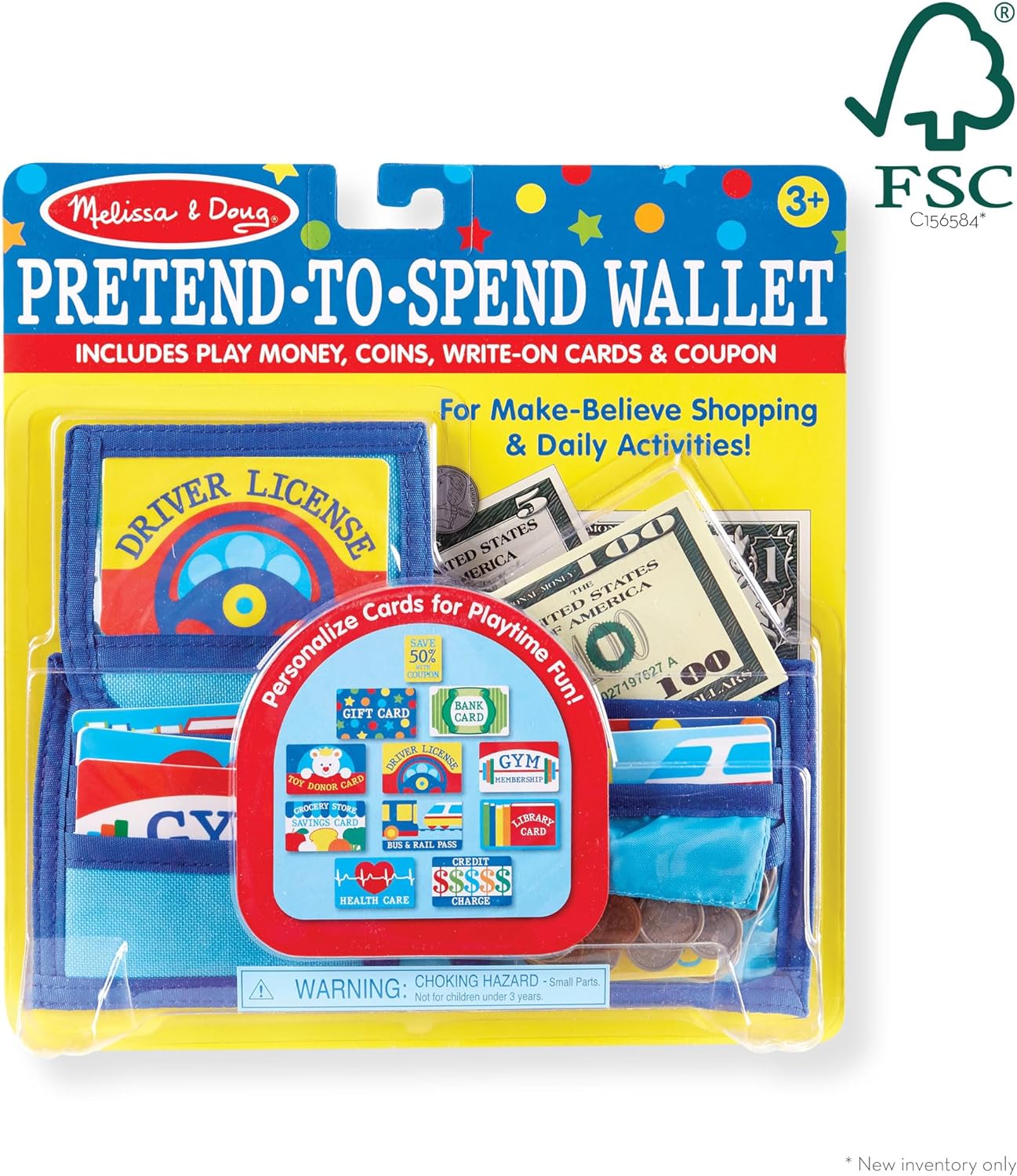 Melissa & Doug Pretend-to-Spend Wallet A" 45-Piece Play Money Set (Blue) – 45