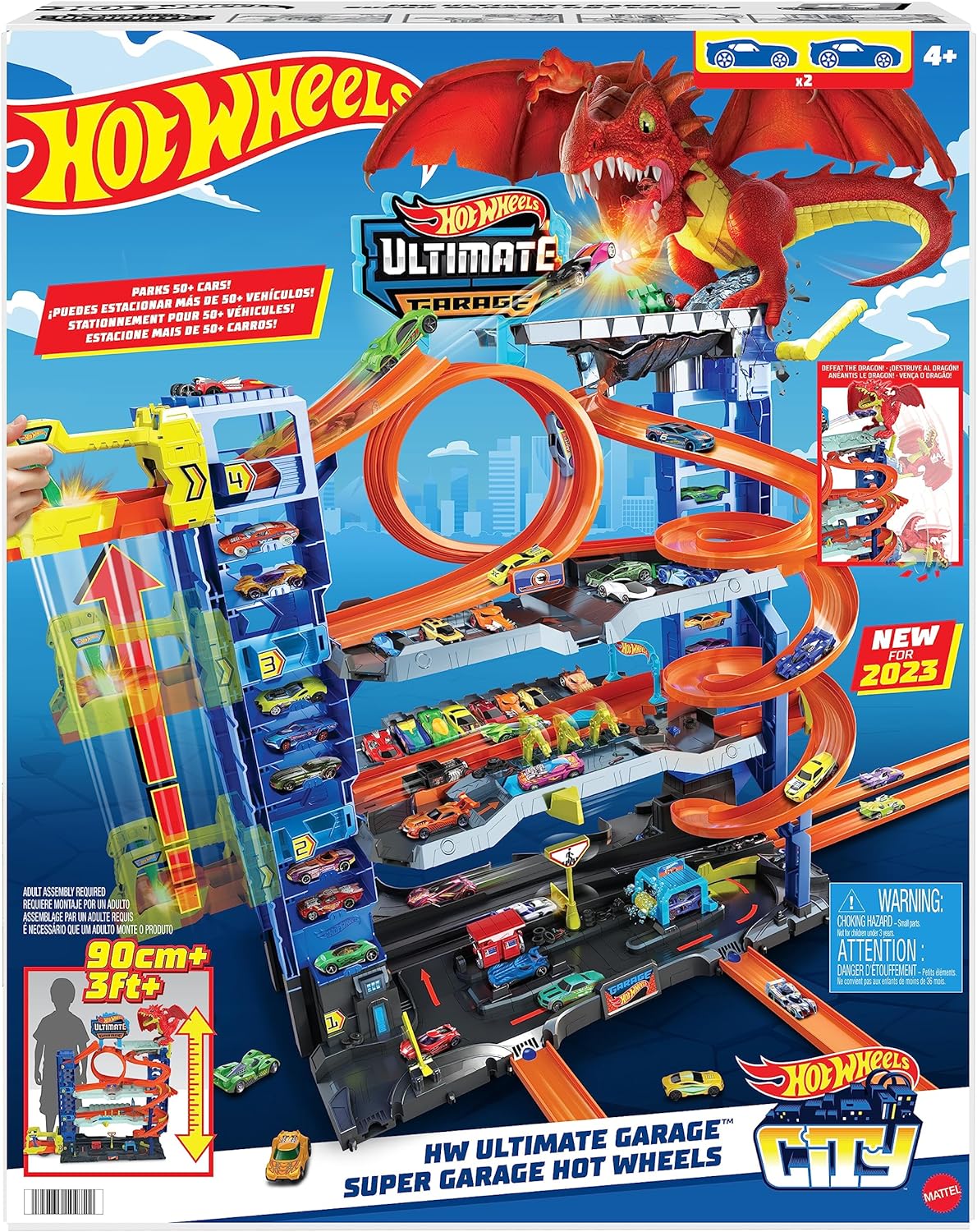 Hot Wheels City Ultimate Garage Track Set with 2 Die-Cast Toy Cars Car-Eating Dragon Stores 50 Vehicle